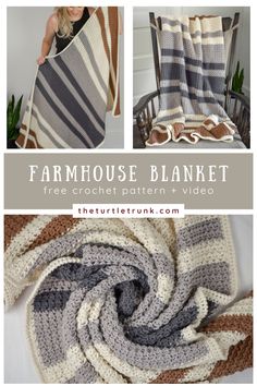 a crocheted blanket is shown with the text farmhouse blanket free crochet pattern and video