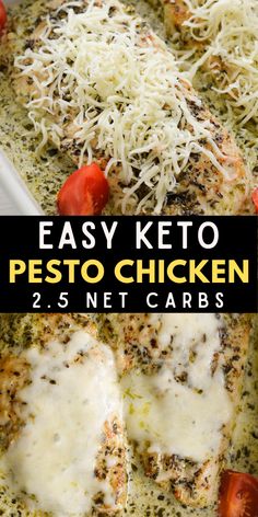 easy keto pesto chicken with tomatoes and parmesan cheese on the top