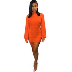 Orange Long Lantern Sleeve Bodycon Dress Night Party Dresses, Stand Neck, Dress Night, Dress Party Night, Bodycon Dress With Sleeves, Sleeve Bodycon Dress, Bodycon Dress Parties, Night Party, Spring Women