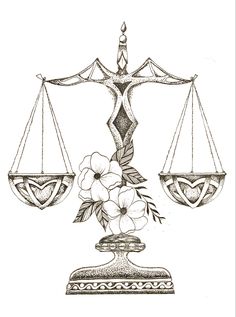 a drawing of a balance scale with flowers on it and a candle in the middle