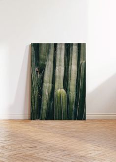 a painting on the wall in an empty room with hard wood flooring and white walls