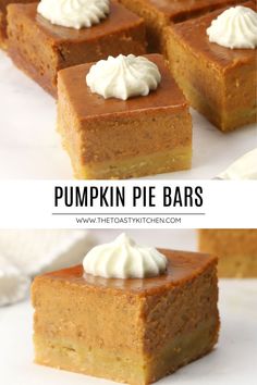 pumpkin pie bars with whipped cream on top and the same dessert in each square slice