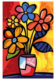 a painting of flowers in a vase on a window sill with red, yellow and blue colors