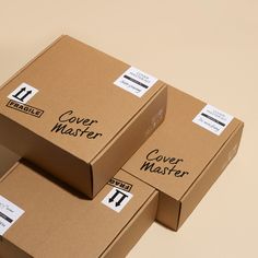 two boxes are stacked on top of each other with labels reading cover master and cover master