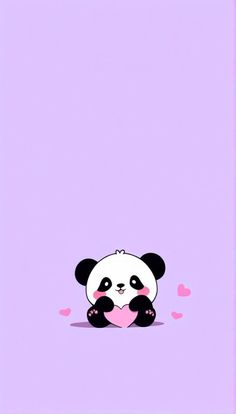 a panda bear sitting on top of a purple wall with hearts in its paws,