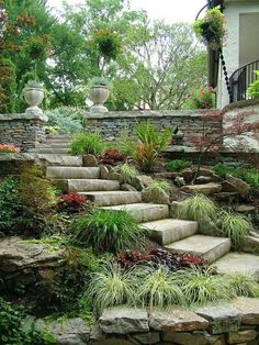 stone steps lead up to a garden area