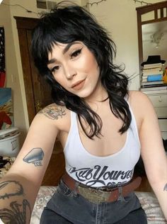 Long Choppy Hair With Bangs, Spiky Bangs Long Hair, Gothic Shag Haircut, Choppy Parted Bangs, Punk Shag Haircut, Short Shags On Women, Black Hair With Bangs Grunge, Short Shag Hairstyles With Bangs, Medium Length Alternative Hair