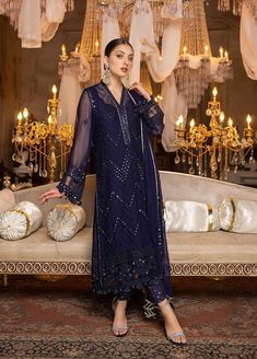 Hello Beauties,  Merakish Luxury Chiffon Beautiful Collection for Women Pakistani Designer Dress for Party Wear and Wedding Wear. Available in 2 Different Sizes.  Embroidered Chiffon 3 Piece Suit Sequins Embroidered front on Chiffon Sequins Embroidered back on Chiffon Sequins Embroidered Sleeves on Chiffon Sleeves Embroidered Lace Sequins Embroidered Chiffon Dupatta 2.5 Yards Dyed Trouser This is Original Merakish  Product.  Please Note:  That actual color may slightly vary from the colors being displayed on your device. This could be due to your own display settings, extreme lighting during photo shoots & picture editing. Thanks for Shopping. Regards, StyledByKiran Stitched Three Piece Suit | Stitched 3pc Suit | Complete Ready to Wear Suit | Complete Ready Made Suit | Party Wear | Wedding Chiffon Suits, Suits Pakistani, Unstitched Dress Material, Chiffon Collection, Embroidered Chiffon, Blue Party, Special Dresses, Pakistani Dress Design, Pakistani Designers