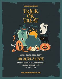 a flyer for a trick or treat party with pumpkins, ghost and other items