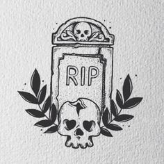 a black and white drawing of a tombstone with a skull in the middle, surrounded by leaves