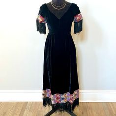 Sandine Originals New York Vintage Velvet Dress! Rare And Htf! This Dress Is Gorgeous From The 60’s! Has Embroidery And Fringe On The Sleeves And Bottom Of The Dress! Has Pockets On The Sides Of The Dress Zips Up The Back And Has A V Neckline Measurements Are In The Photos But Keep In Mind Vintage Dresses Like This One Tend To Run On The Smaller Side. **See All Photos For Imperfections! The Fringe Is Unraveling At The Ends From Age. There’s Also A Small Hole Near One Pit That’s Not Very Noticeab Vintage Velvet Dress, New York Vintage, The Fringe, Betsy Johnson, Vintage Velvet, Velvet Dress, Boho Bohemian, Vintage Black, Hippie Boho