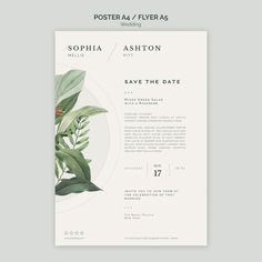 a white poster with green leaves on the front and back of it, that says save the date