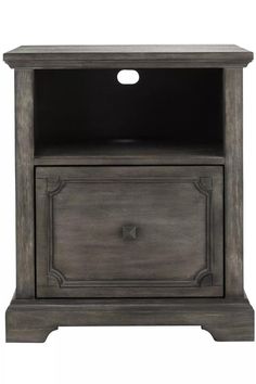 an entertainment center with two drawers and one door on the bottom, in grey wood