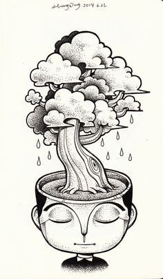 a black and white drawing of a tree in a pot with water coming out of it