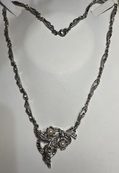 "Vintage silver tone marcasite and pearl necklace 18\" long necklace with c clasp  Weight - 23.80g Condition - vintage pre owned item can see one small stone missing at the front please see picture over all excellent condition  Any questions please ask  Please note box is for display only" Antique Silver Pearl Necklace For Formal Occasions, Vintage Silver Pearl Necklace For Formal Occasions, Silver Vintage Pearl Necklace For Formal Occasions, Vintage Silver Pearl Necklace For Anniversary, Vintage Silver Pearl Necklace, Vintage Silver Pearl Necklaces, Vintage Silver Necklaces With Polished Beads, Vintage Silver Necklace With Pearl Pendant, Vintage Silver Pearl Necklace With Pendant