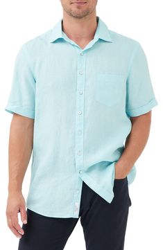 Look undaunted by heat and humidity in this short-sleeve sport shirt of breathable linen that will get softer with every washing. Spread collar Short sleeves 100% linen Machine wash, line dry Imported Blue Linen Short Sleeve Camp Shirt, Short Sleeve Linen Shirt With Button Closure, Linen Short Sleeve Camp Shirt, Solid Linen Short Sleeve Shirt, Festival Must Haves, Prom Shopping, Sports Shirts, Workout Shorts, Casual Button Down Shirts