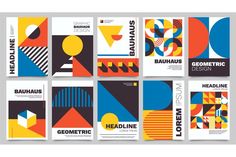 six different posters with geometric shapes and lines on them, all in various colors that appear to