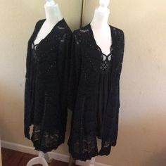 Vocal Long Lacy Jacket With Studs Long-sleeved Black Outerwear For Layering, Black Long Sleeve Outerwear For Layering, Black Bohemian Long Sleeve Cardigan, Bohemian Black Outerwear For Layering, Black Bohemian Long Sleeve Outerwear, Lacy Outfits, Lacy Cardigan, Goth Fits, Dressy Sweaters