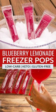 blueberry lemonade freeze pops in a bowl with ice