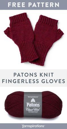 two pairs of red knit fingerless gloves with text that reads patons knit fingerless gloves