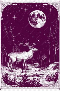 a deer standing in the middle of a forest under a night sky with stars and moon