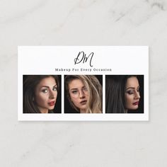 the makeup for every occasion business card has three different photos of women's faces