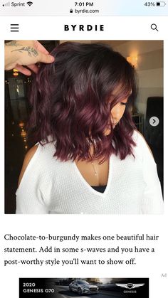 Brunette Plum Balayage, Purple Lowlights In Light Brown Hair, Fall Hair Colors For Dark Brown Hair, Red Highlights On Short Hair, Short Dark Fall Hair, Chocolate Plum Hair Color, Brown Hair With Burgundy Balayage, Burgundy Balayage Brunettes, Short Plum Hair