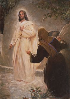 a painting of jesus standing in front of a man with his arms crossed and looking at him