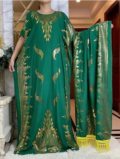 Summer Maxi Dress: Cotton with Gold Stamping Gold Floor-length Dress For Eid, Gold Floor-length Dress For Festivals, Gold Floor-length Maxi Dress For Eid, Traditional Gold Maxi Dress For Eid, Elegant Gold Maxi Dress For Eid, Elegant Gold Kaftan With Gold Embroidery, Gold Floor-length Dress With Gold Embroidery, Gold Long Sleeve Dresses With Gold Embroidery, Festive Green Dresses With Gold Embroidery