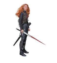 a woman with red hair is holding two swords and standing in front of a white background