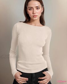 Qteee - Classic Ribbed Knit Sweater: Elegant U-Neck Long Sleeve Top for Effortless Layering or Streamlined T-Shirt Silhouette Beige Stretch Knit Top With Ribbed Neckline, Ribbed Beige Tops For Fall, Beige Ribbed Tops For Fall, Fall Ribbed Beige Tops, Cream Fine Knit Crew Neck Top, Fall Beige Ribbed Tops, Beige Stretch Knit Top With Crew Neck, Beige Stretch Crew Neck Sweater, Beige Stretch Tops With Ribbed Neckline