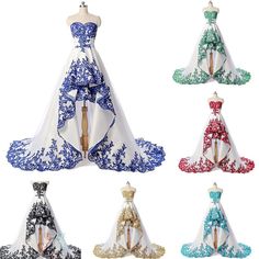 four dresses on mannequins in different colors and patterns, all with bows