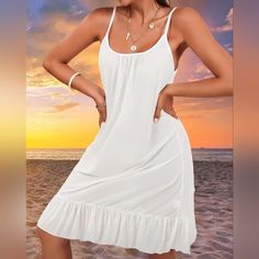 Perfect For Those Summer Days And Nights. Very Comfortable And Stretchy Fabric! There Is No Doubt That You Will Love This Item. White Spaghetti Strap Sundress For Beach, White Spaghetti Strap Beach Dress, Flowy Sleeveless Beach Dress For Loungewear, Flowy Sleeveless Beach Dress Loungewear, Sleeveless Sundress For Beach Loungewear, White Mini Dress With Spaghetti Straps For Beach, White Spaghetti Strap Mini Dress For Beach, Casual Summer Mini Dress For Sleep, Casual Summer Sleepwear Mini Length