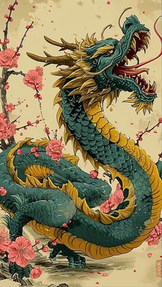 a painting of a dragon with flowers in the background