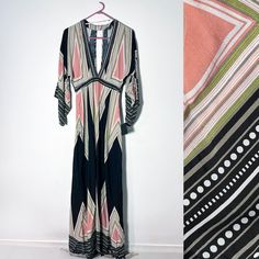 Nwt Lightweight Woven Fabric In A Pink, Green, Grey, And White Print Falls From A Plunging V-Neckline Into Kimono Sleeves With Cutout Detail. Fitted Waist Tops A Full Maxi Skirt. Unlined. 100% Rayon. Length 60 Pit To Pit 23 High Waist 13 Caftan Resort Party Summer Boho Orange Lined V-neck Dress, Orange V-neck Lined Dress, Multicolor Lined V-neck Maxi Dress, Lined Multicolor V-neck Maxi Dress, Multicolor V-neck Lined Maxi Dress, Bohemian V-neck Lined Maxi Dress, Resort Party, Full Maxi Skirt, Party Summer