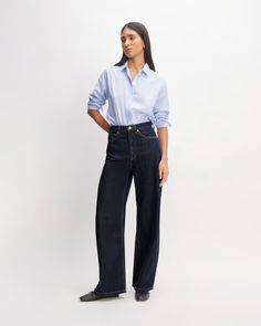 The OG Baggy Jean Dark Indigo – Everlane Relaxed Fit Medium Wash Wide Leg Pants For Work, Classic High Rise Relaxed Fit Wide Leg Pants, Classic High Rise Wide Leg Pants With Relaxed Fit, Relaxed Fit Wide-leg Jeans For Elevated Casual, Wide Leg Jeans With Relaxed Fit For Elevated Casual, Everyday Wide Leg Full Length Pants, Blue Relaxed Fit Versatile Jeans, Everlane Wide Leg Cotton Bottoms, Everlane Wide-leg Cotton Bottoms