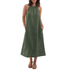 PRICES MAY VARY. The halter dress is made of 100% linen fabric, lightweight, pre-shrunk Feature a tie-back halter neck, a-line, sleeveless, solid, 2 side pockets, removable linen rope, relaxed fit This sleeveless maxi dress is suitable for casual daily, home, beach, work, dating, party, shopping, picnic, vacation, etc. Great for hot summer days Machine washable cold in laundry bag. Please check our garment size chart on Product Description before purchasing Amazhiyu Womens Linen Halter Sleeveles Casual Sleeveless Linen Dress With Tie Back, Sleeveless Green Linen Vacation Dress, Green Linen Sundress Maxi Dress, Sleeveless Linen Maxi Dress With Tie Back, Green Relaxed Fit Linen Beach Dress, Sleeveless Linen Dress, Home Beach, Cotton Dress Summer, Sleeveless Maxi Dress