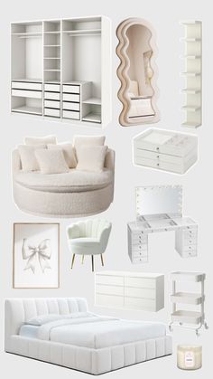 white furniture and accessories are arranged in a collage