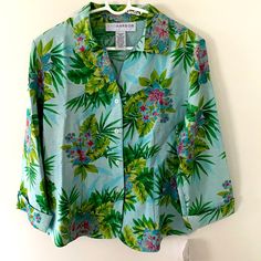 Nwt Sag Harbour Silk Blouse Is Washable. Perfect For Warm Weather Getaways! Tropical Long Sleeve Blouse For Vacation, Tropical Print Long Sleeve Tops, Green Long Sleeve Top With Tropical Print, Long Sleeve Tropical Print Top, Long Sleeve Cotton Tops With Tropical Print, Sag Harbor, Silk Blouse, Warm Weather, Color Blue