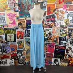 "Vintage women's 1980/90s light blue Caché crepe + satin wide leg high waisted trousers. Zips up the back. Has a tiny hole where it was previously tagged {see images}. manufacturer | Caché -- made in U.S.A. tag size | 8 -- waist measures 27\" measurements {taken laying flat}: waist -- 13.5\" {27} hips -- 22\" rise -- 14.5\" thigh -- 14\" inseam -- 28.5\" cuff -- 12\" total length -- 42\"" High Waisted Circle Skirt, 70s Skirt, Light Blue Tie, 80s Women, 70s Women, Pinstripe Pants, Linen Trousers, Vintage Girls, Blue Paint