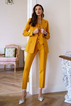 Fabric: Suit crepe diagonal Cotton 65%, Polyester 35%  Blazer length is 27,1 inches or 69cm Sleeve length: 62cm/ 24,4in Vest length: 47cm/ 18,5in Pants outer seam length: 100 cm/ 39,3in Orange Suit Women, Mustard Office, Mustard Suit, Yellow Blazer Outfit, Mustard Blazer, Bright Pants, Wedding Fits, Pant Suits For Women