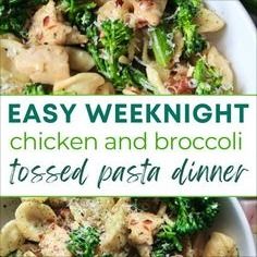 the cover of easy weeknight chicken and broccoli tossed pasta dinner