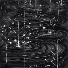 black and white drawing of water with circles in the middle, surrounded by lines that appear to be swirling