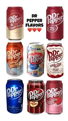 six different types of dr pepper sodas in various colors and flavors, with the words dr