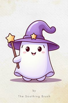 a cartoon character holding a broom and wearing a purple witches hat with stars on it