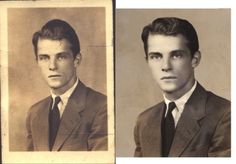 an old photo of two men in suits, one is wearing a suit and the other has a tie