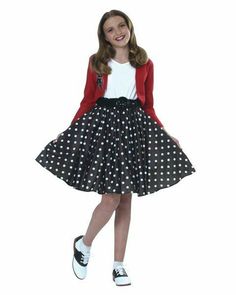 Press to translate Listing Translator by Hindi Portuguese Thai Korean French Chinese Spanish Arabic Japanese German Russian Italian This adorable 50's style outfit for girls is a 1 piece dress with an elastic waist. The skirt portion, is a black & white polka dot, light weight flannel, with a built in crinoline. The bodice portion is a white poly faux blouse, with an attached red felt jacket, decorated with screen printed poodle. The black stretch sequin belt is also attached. Child size Medium( Rocker Girl Costume, Disfraz Rock And Roll, 50s Halloween Costumes, Sock Hop Outfits, 50s Style Outfits, 50s Outfit, Rocker Costume, 1950s Inspired Dress, 50s Costume