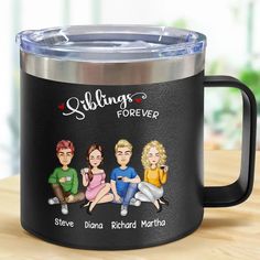 a black coffee mug with the words siblings forever and three young people sitting on it