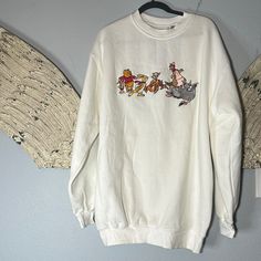 Vintage Disney Oversized Sweater Size Large. Nwt White Disney Character Print Sweatshirt, Disney White Sweatshirt With Cartoon Print, Disney White Cartoon Print Sweatshirt, White Disney Cartoon Print Sweatshirt, White Disney Long Sleeve Sweatshirt, White Long Sleeve Disney Sweatshirt, White Disney Sweatshirt For Fall, Sweaters Vintage, Family Design