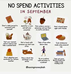 a poster with the words, no spend activities in september and other things to do